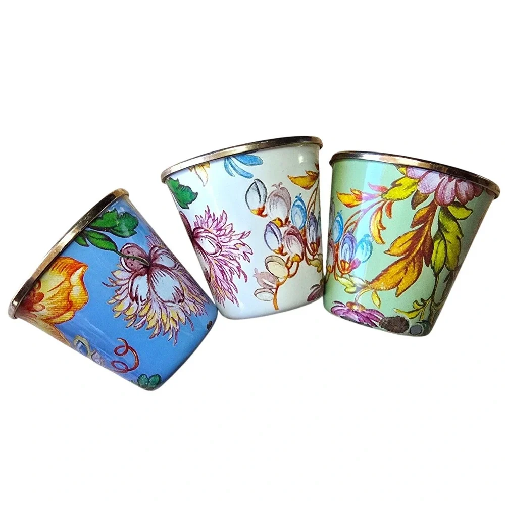 MacKenzie-Childs Flower Market Enamel Tumblers Set of 3 Blue White Green Floral